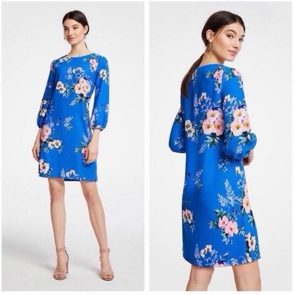 Ann Taylor Blue Floral Poppy Lantern Shift Dress 3/4 Sleeves Women’s 18